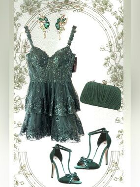 Blondie Nites Forest Green Dress with sequins and Lace Accents